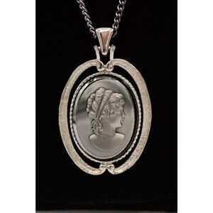 BJ Vintage Cameo Necklace Pendant Hematite Glass Gunmetal Tone Signed Bin2